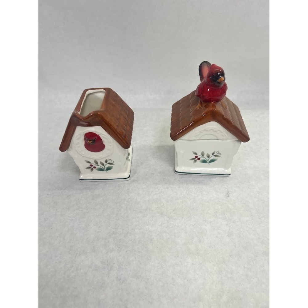 Pfaltzgraff Winterberry Birdhouse Cream and Sugar Set Red Cardinal Christmas